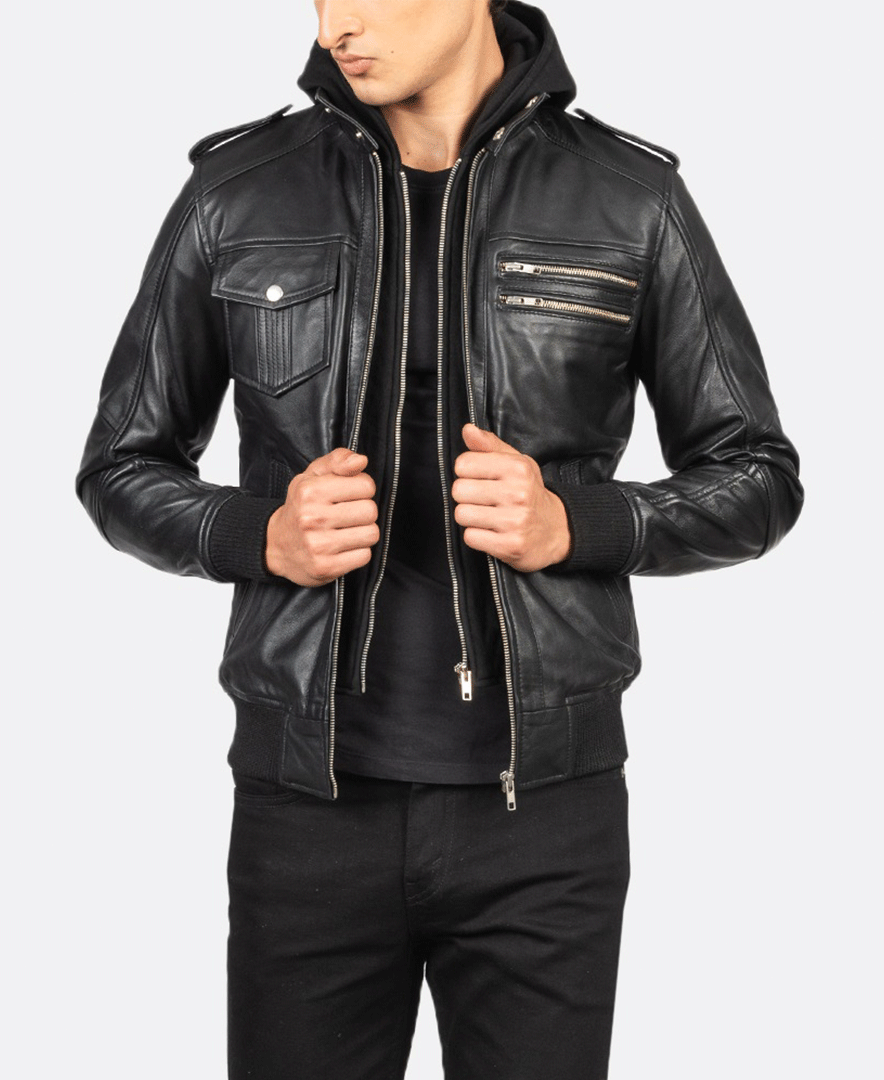 Bravado Black Hooded Leather Bomber Jacket