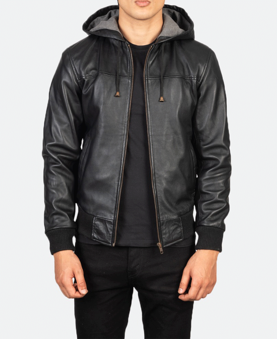 Nintenzo Black Hooded Leather Bomber Jacket