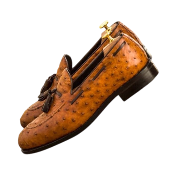 Handmade Men's Tan Brown Ostrich Leather Tassel Loafers