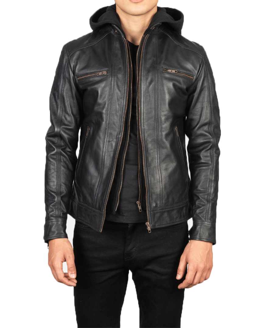 Hector Black Hooded Leather Biker Jacket