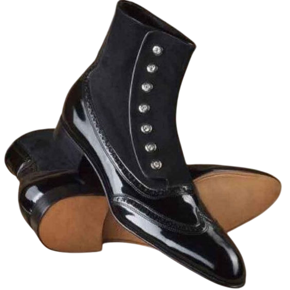 Men's Black Patent Leather Ankle High Button Boots