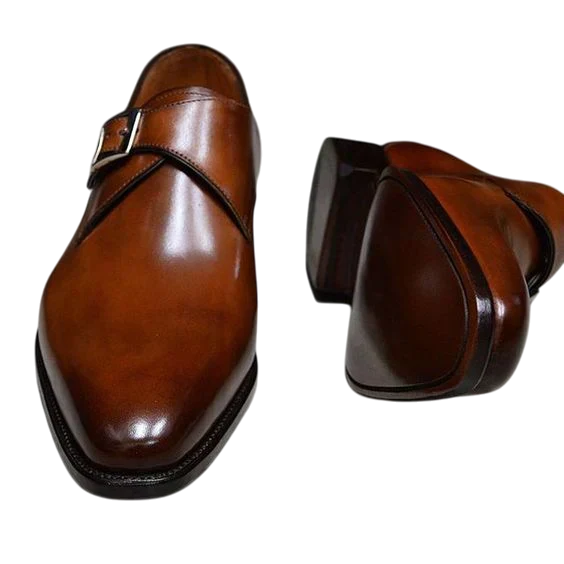 Handmade Men's Brown Leather Monk Style Formal Shoes