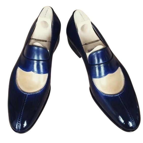 Men's Blue & Beige Patina Leather Moccasin Loafers