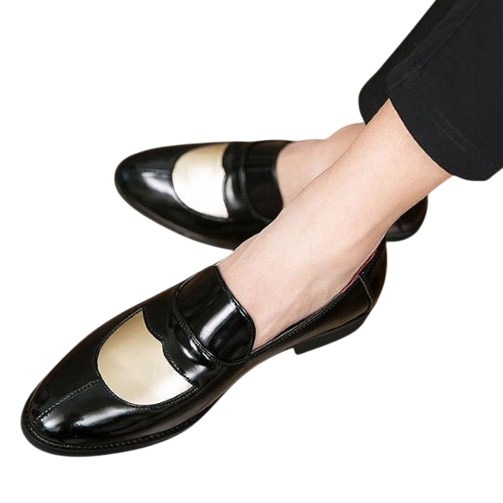 Men's Black & Beige Leather Penny Loafers