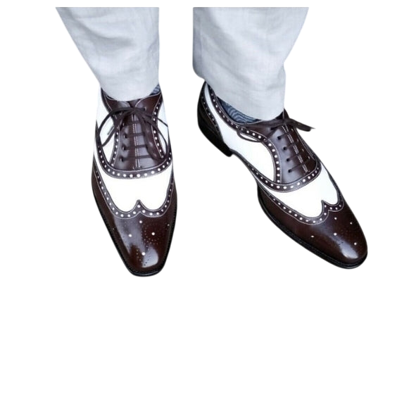Handmade Men's Brown & White Leather Wingtip Shoes