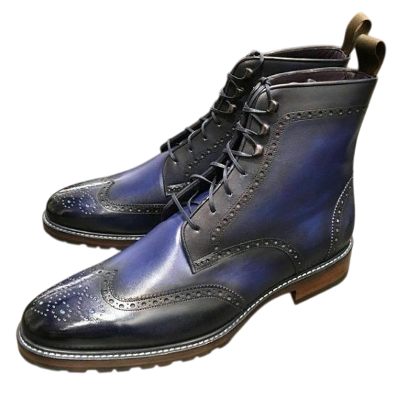 Handmade Men's Blue Patina Leather Wingtip Boots