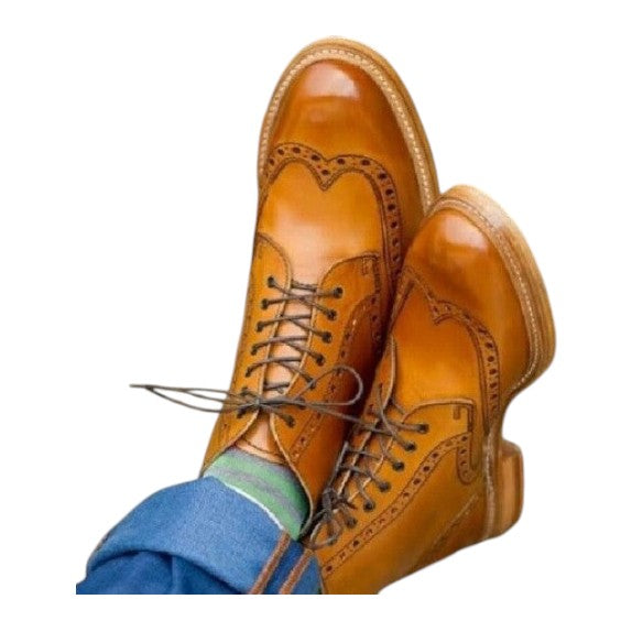 Men's Tan Brown Leather Wingtip Ankle High Boots