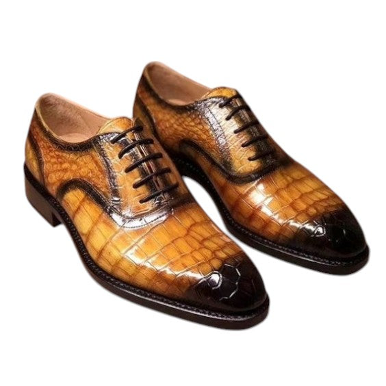 Men's Tan Patina Crocodile Leather Spectator Shoes