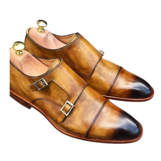 Men's Tan Patina Leather Double Monk Formal Shoes