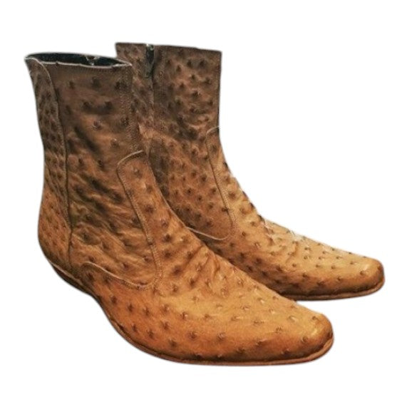 Men's Tan Zipper Closure Ostrich Leather Boots