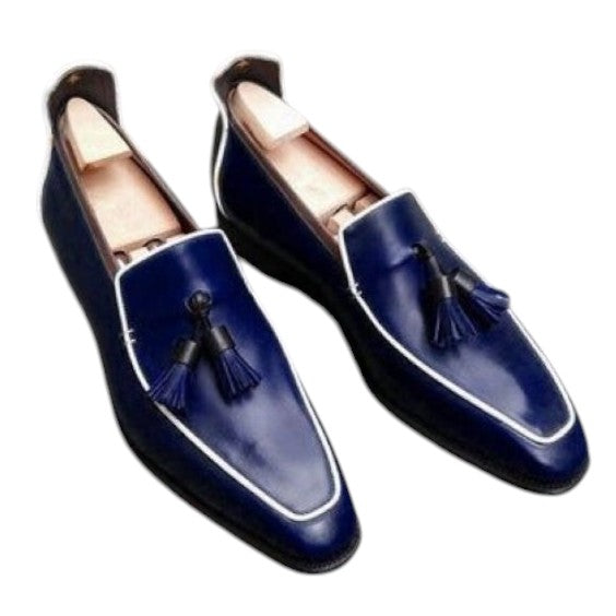 Men's Navy Blue Leather Tasseled Moccasin Loafers