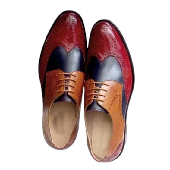 Men's Tri Tone Genuine Leather Wingtip Oxford Shoes