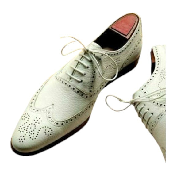 Men's White Genuine Leather Wingtip Oxford Shoes