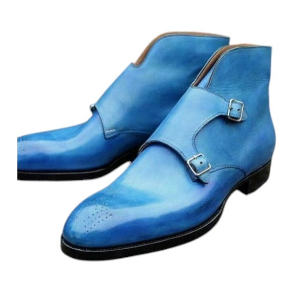 Men's Sky Blue Leather Double Monk Boots