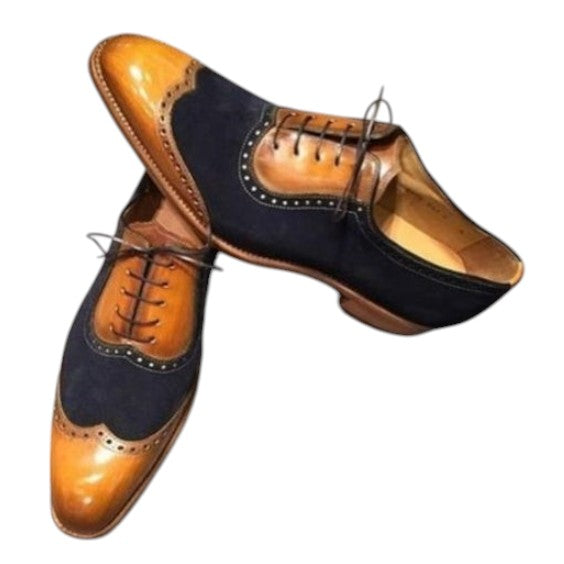 Men's Tan & Navy Blue Suede Leather Wingtip Shoes