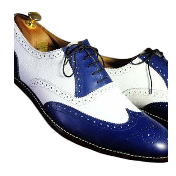 Men's Blue & White Leather Wingtip Brogue Oxford Shoes