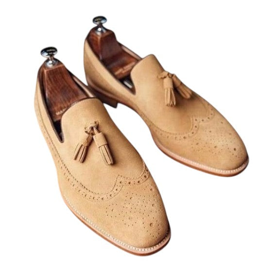 Men's Beige Suede Leather Tassel Loafers