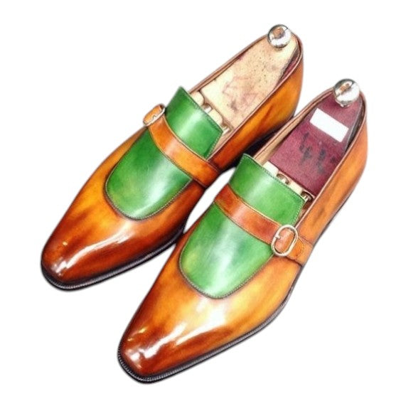 Men's Brown & Green Leather Monk Buckle Dress Loafers