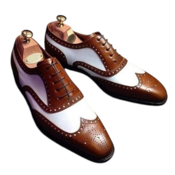 Men's Brown & White Leather Wingtip Spectator Shoes