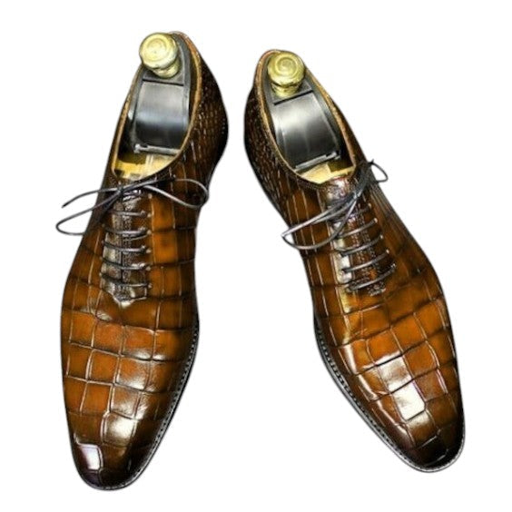 Men's Brown Alligator Leather Formal Lace Up Shoes