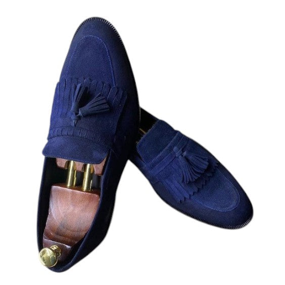 Men's Navy Blue Suede Fringed Tassel Loafers