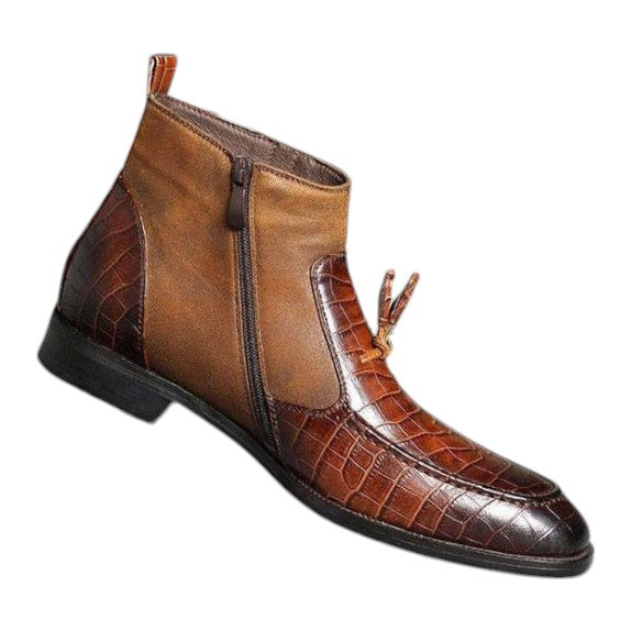 Men's Brown Alligator Texture Leather Tasseled Zipper Boots