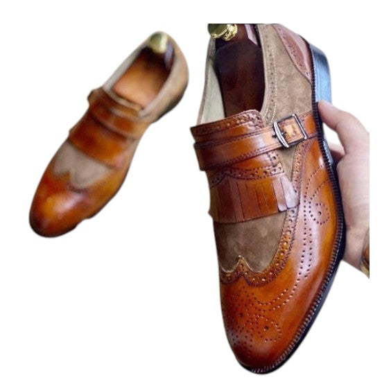 Men's Brown Brogue Wingtip Monk Shoes