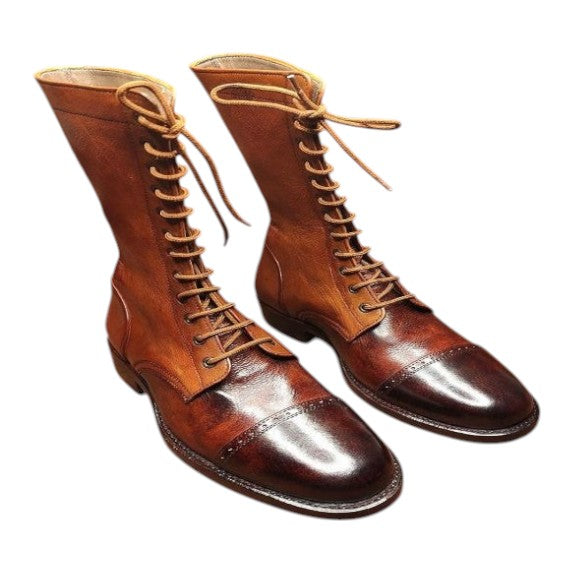 Men's Brown Leather Calf High Military Boots