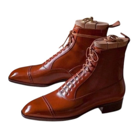Men's Brown Leather Cap Toe Ankle High Dress Boots
