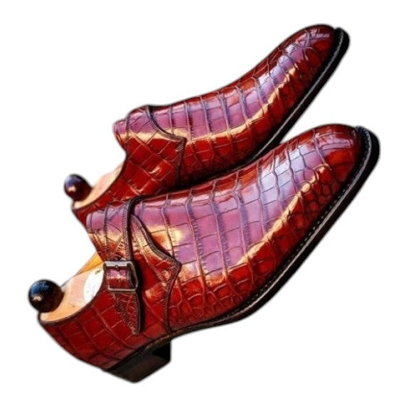 Men's Brown Patina Alligator Leather Monk Buckle Shoes