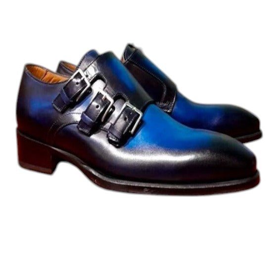 Men's Blue Patina Leather Triple Monk Dress Shoes