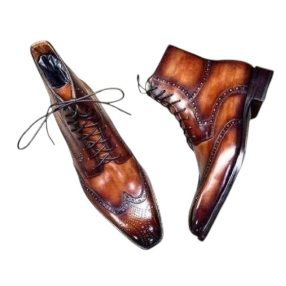 Men's Brown Patina Leather Ankle High Wingtip Boots