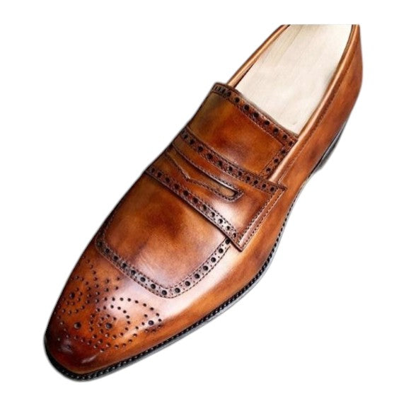 Men's Brown Patina Leather Brogue Penny Loafers