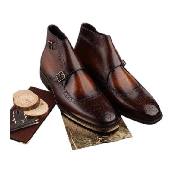Men's Brown Patina Leather Double Monk Dress Boots