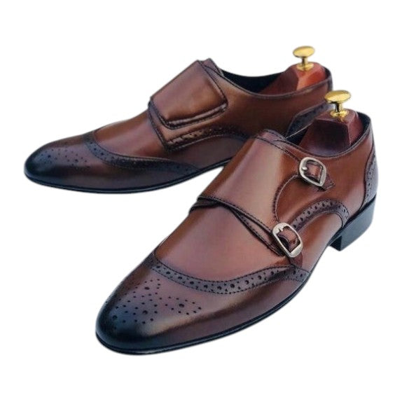 Men's Brown Patina Leather Double Monk Shoes
