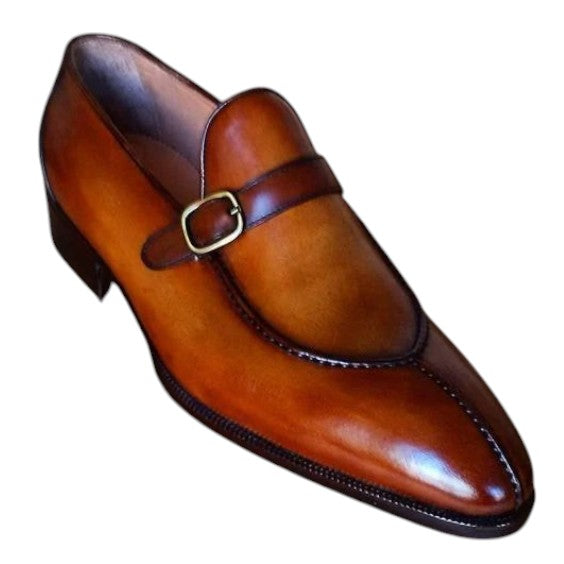 Men's Brown Patina Leather Monk Buckle Loafers