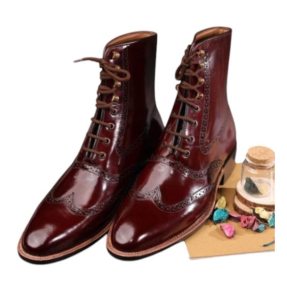 Men's Brown Patina Leather Wingtip Ankle High Boots