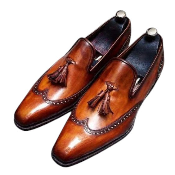 Men's Brown Patina Leather Wingtip Oxford Tassel Loafers
