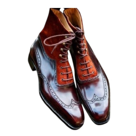 Men's Brown Suede Leather Ankle High Wingtip Boots