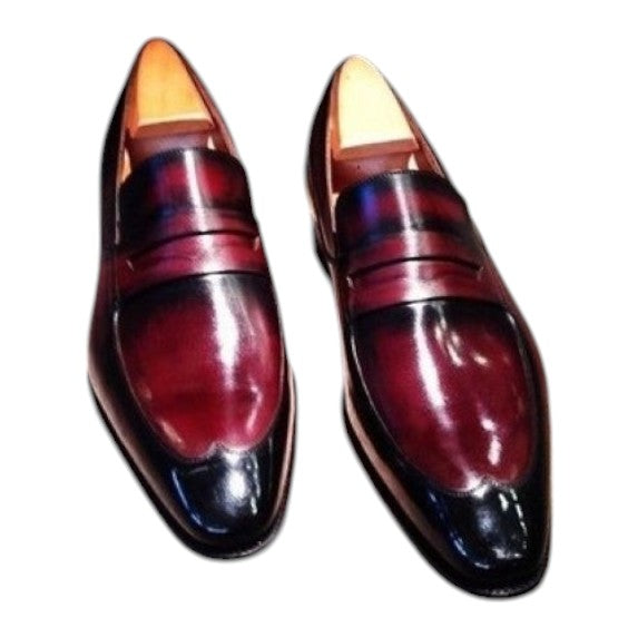 Men's Burgundy Patina Leather Penny Loafers