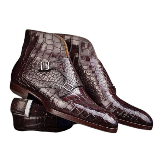 Men's Dark Brown Alligator Texture Leather Boots