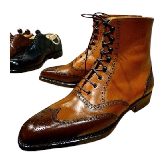 Men's Dual Tone Brown Leather Ankle High Wingtip Boots