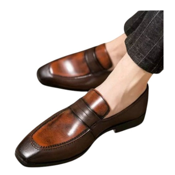 Men's Dual Tone Brown Patina Leather Penny Loafers