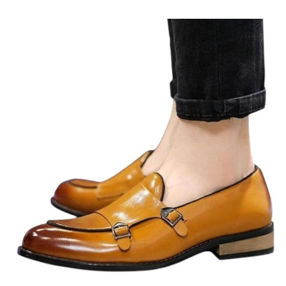 Men's Genuine Tan Leather Double Monk Loafers