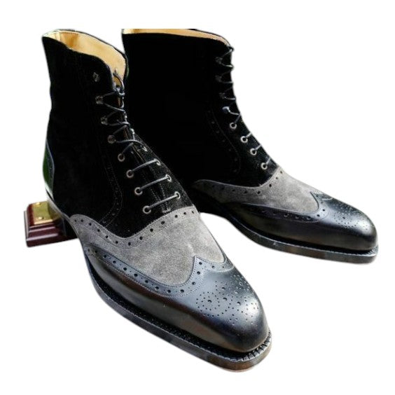 Men's Grey & Black Suede Leather Wingtip Boots