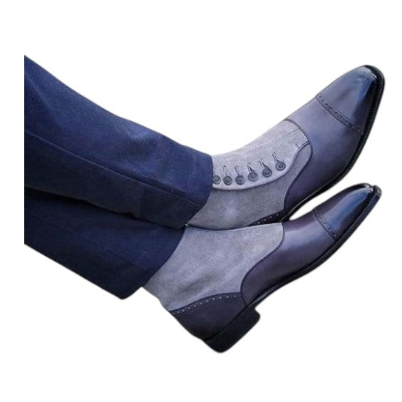 Men's Grey Patina Leather & Suede Button Boots