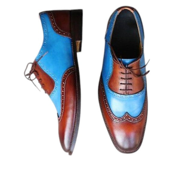 Men's Brown & Blue Leather Wingtip Oxford Shoes