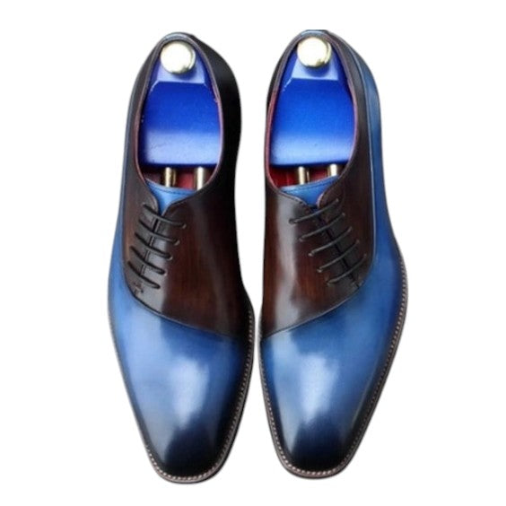Men's Handmade Blue & Brown Patina Leather Lace Up Shoes
