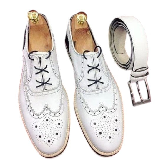 Men's Luxury White & Black  Leather Wingtip Oxford Shoes