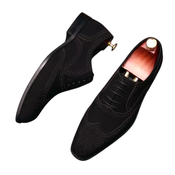 Handmade Men's Black Suede Leather Wingtip Oxford Shoes